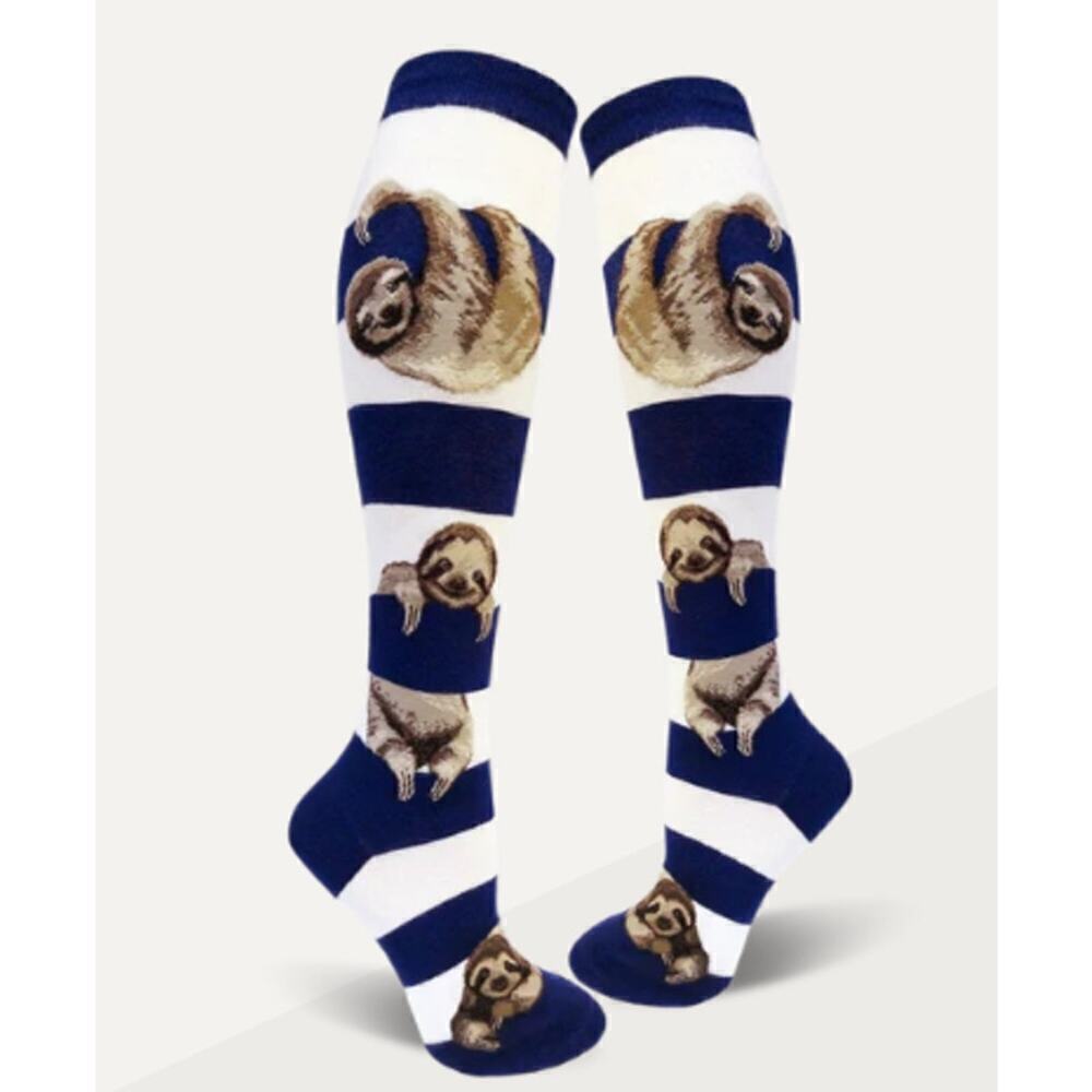 Mod Socks Women's Sloth Stripe Knee High Socks White Blue Size 9-11 Shoe 6-10